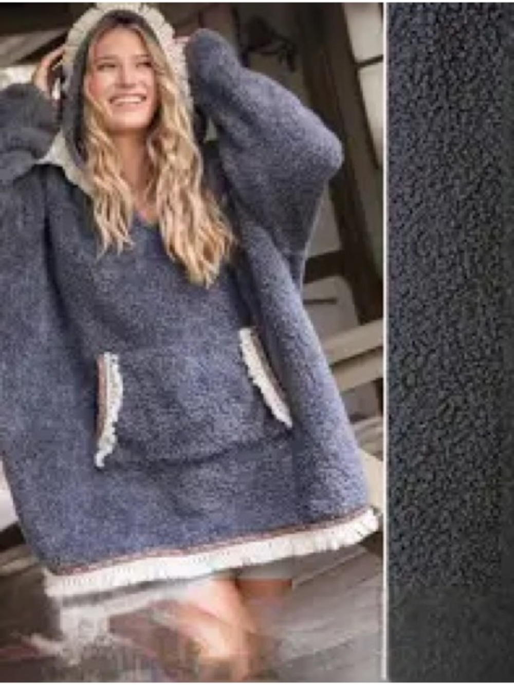 NATURAL LIFE Charcoal Gray Blanket Hoodie Teddy Pullover Contrast Trim Cozy Warm